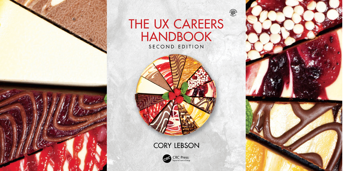 The UX Careers Handbook Second Edition Cover surrounded by enlarged cheesecake image
